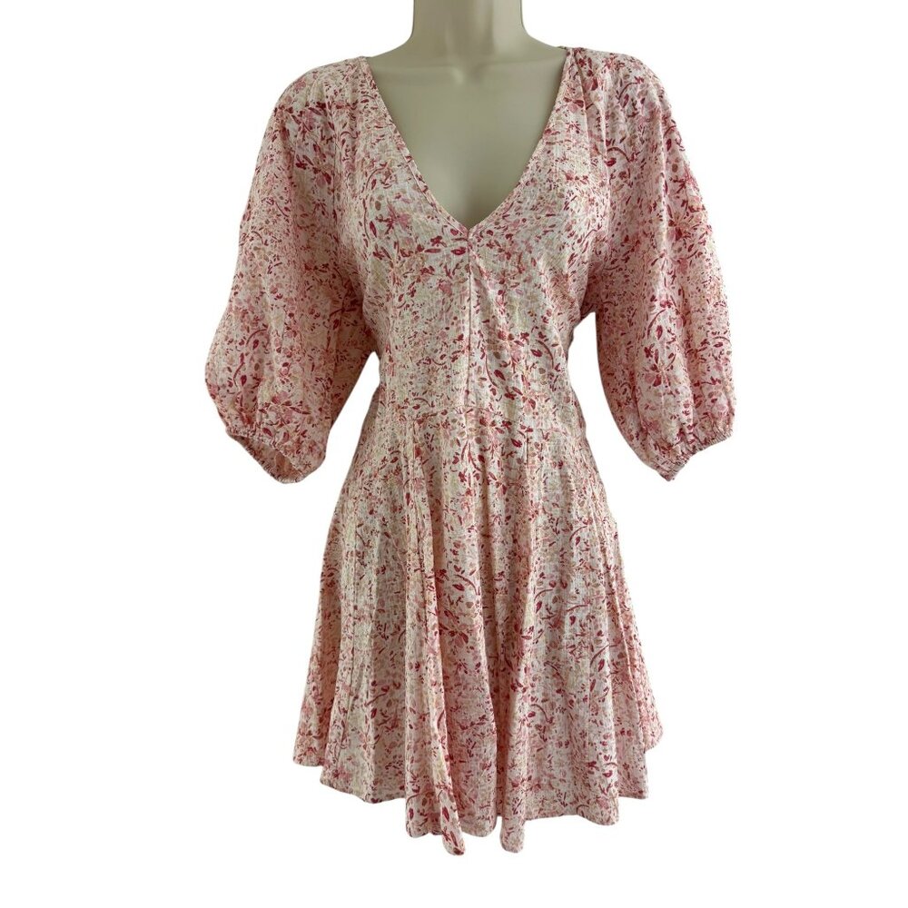 H&M Pink Patterned‎ Mini Dress Romantic Flared Skirt Puff Sleeves V-Neck Size S